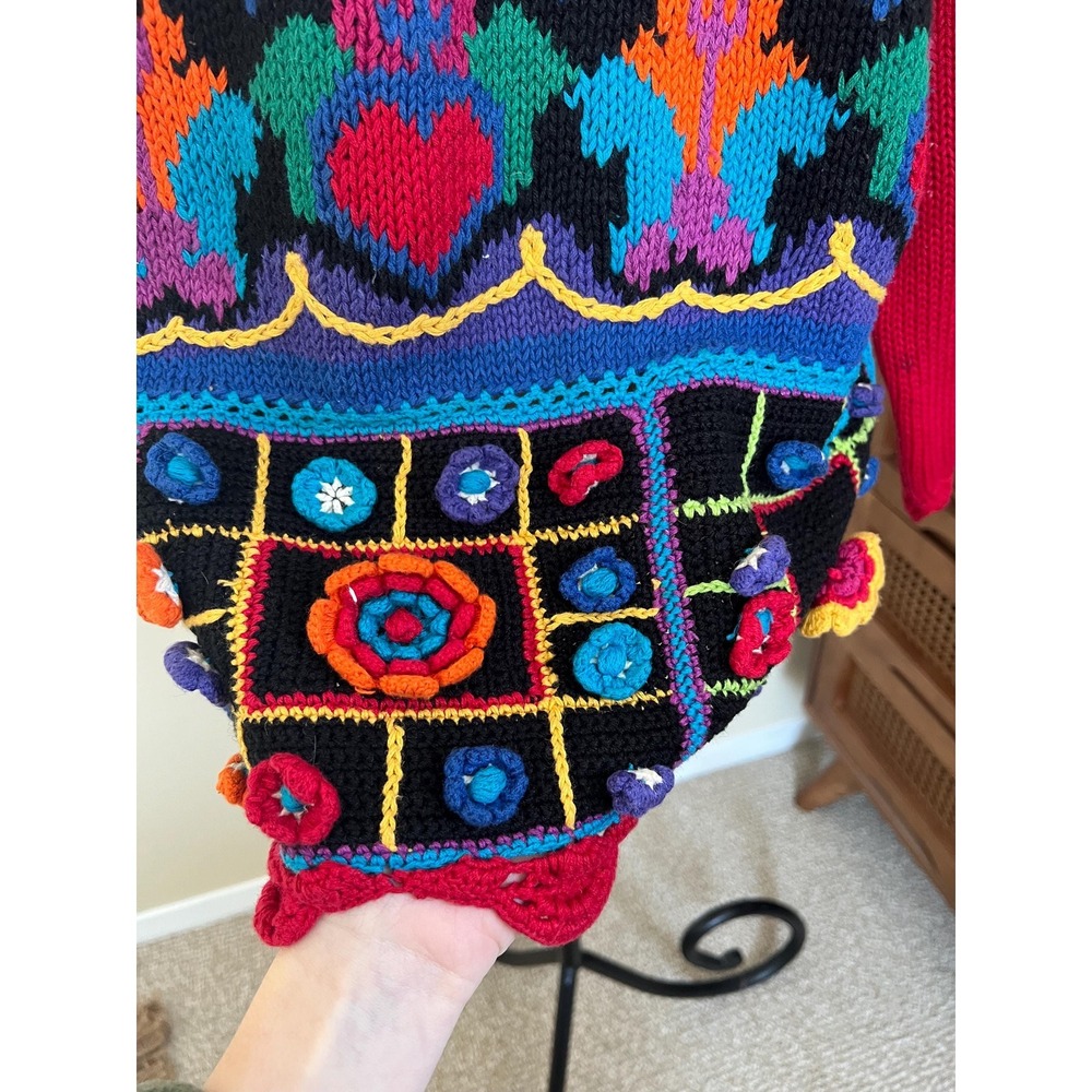 Vintage 80s Colorful Funky Floral 3D Knit Crochet Sweater - Picture 3 of 10